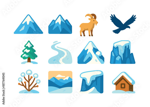 Mountain Winter Icons. Mountain winter. Colorful flat vector icons set of mountain winter: snowy peak, ridge line, mountain goat, eagle silhouette, frosty