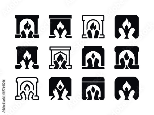 Cozy Fireplace Icons. People enjoying a warm fire in the fireplace. Icon set. Set Logo of people enjoying a warm fire in the fireplace: feet near fireplace.