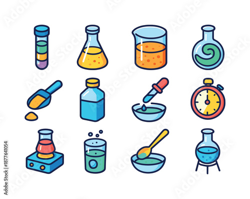 Chemical Icon Collection. Chemical mixtures. Colorful isometric vector icons set of chemical mixtures: layered solution test tube, precipitate flask,