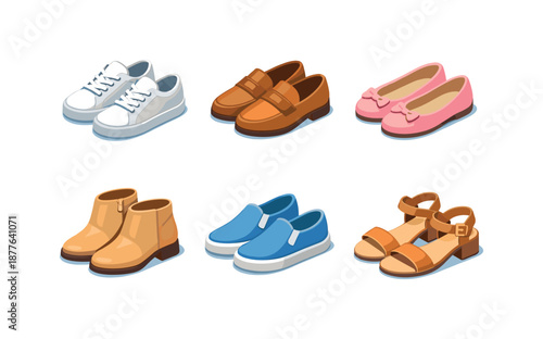 Spring Footwear Icons. Spring Footwear. Isometric flat vector icons set of Spring Footwear: white sneakers, loafers shoes, ballet flats, ankle boots, canvas