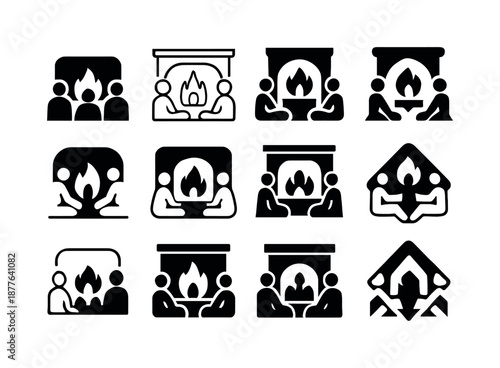 Cozy Fireplace Icons. People enjoying a warm fire in the fireplace. Icon set. Set Logo of people enjoying a warm fire in the fireplace: group by hearth.