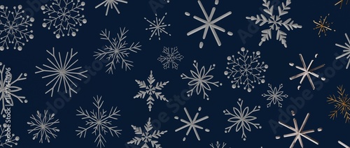 Stylish, seamless winter snowflake pattern in silver and gold on dark blue background. Perfect for holiday des