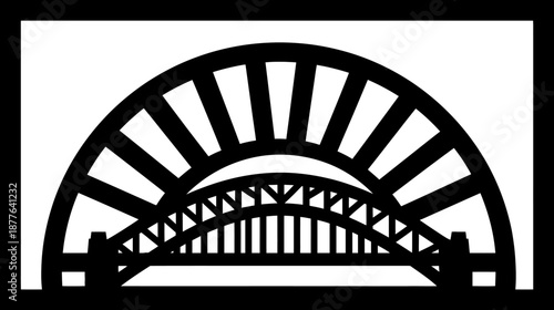 Simplified, black and white depiction of a bridge with an arched, segmented structure