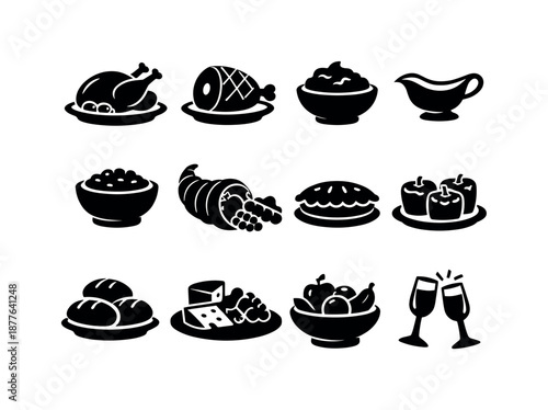 Holiday Feast Icons. Holiday feasts. Solid icon set of holiday feasts: roasted turkey, festive ham, mashed potatoes, gravy boat, cranberry sauce, cornucopia,