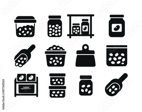 Bean Storage Icons. Bean storage. Solid icon set of Bean storage: airtight container, glass jar, pantry shelf, labeled jar, scoop, storage bin, bag clip, zip