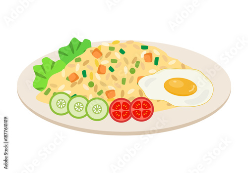 Fried rice with a fried egg, tomato and cucumber slices on a plate.