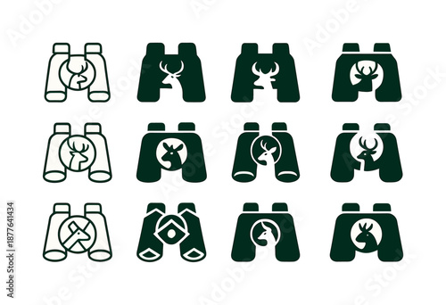 Eco-Tourism Icon Set. Eco-tourism with wildlife preservation. Icon set. Set Logo of eco-tourism with wildlife preservation: binoculars for wildlife viewing.