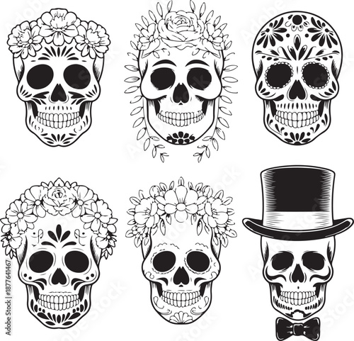 Sugar Skull Silhouette Bundle | Day of the Dead Skull Vector Set