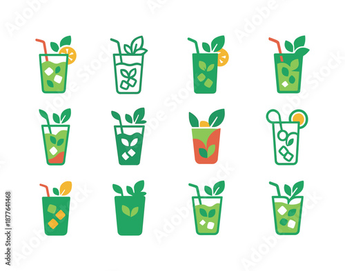 Colorful Cocktail Logos. A collection of colorful cocktails garnished with fruit and herbs. Icon set. Set Logo of colorful cocktails garnished with fruit and
