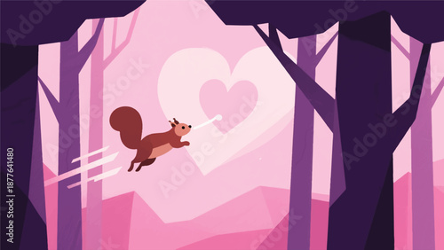 Illustration Of A Flying Squirrel Gliding From Tree To Tree, Its Trail Forming A Heart Symbol In The Air Vector Design Template