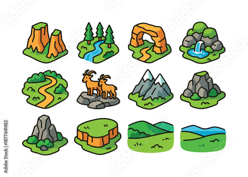 Mountain Valley Icons. Mountain Valley. Colorful isometric vector icons set of Mountain Valley: steep cliffs, alpine trees, narrow river, stone arch, mossy