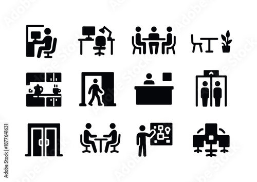 Workday Icon Set. Workday environments. Solid icon set of workday environments: cubicle icon, open office desk, meeting room icon, break area, kitchen counter,