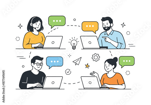 Collaborative Digital Workspace. Remote collaboration between professionals. Team members connected through laptops and dialog bubbles. Trustful communication,