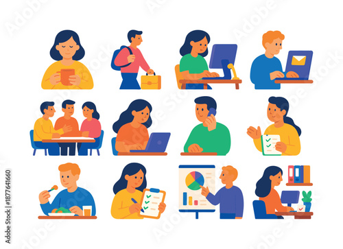 Daily Work Icons. Daily Work Routine Scenes. Colorful flat vector icons set of Daily Work Routine Scenes: morning coffee, commute prep, desk setup, checking