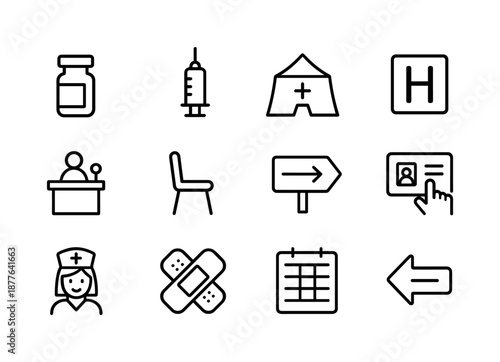 Vaccination Site Icons. vaccination site with signs. Line icon set of vaccination site with signs: vaccine vial, syringe icon, medical tent, hospital sign,