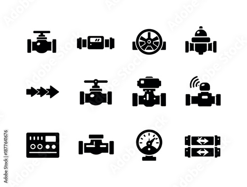 Pipeline Icon Set. Pipeline flow control. Solid icon set of Pipeline flow control: control valve, flow meter, adjustable valve wheel, pressure regulator, flow