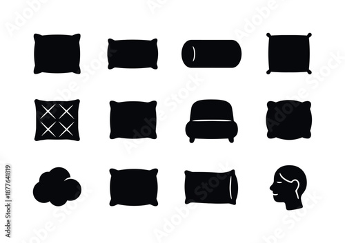 Bedroom Pillow Icons. Bedroom pillows. Solid icon set of bedroom pillows: square pillow, rectangular pillow, bolster pillow, throw pillow, decorative tassel