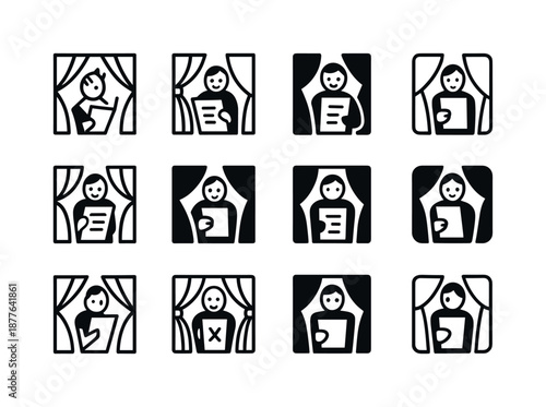 Backstage Logo Variations. performers backstage. Icon set. Set Logo of performers backstage: script pages. harmonious logo variations of the same emblematic