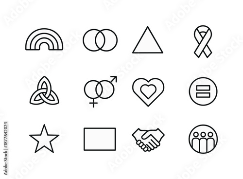 LGBTQ+ Icon Grid. LGBTQ+ symbols. Line icon set of LGBTQ+ symbols: rainbow arc, interlocked circles, triangle symbol, ally ribbon, unity knot, double gender