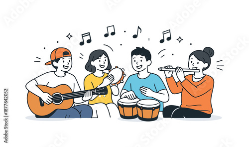 Joyful Musical Gathering. Friends playing musical instruments joy. Friends smiling and enjoying the sound together with musical notes floating