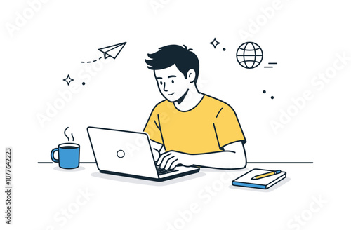 Focused Remote Work. Digital nomad focus. Person working quietly on a laptop with minimal surroundings. Concentration and independence in a remote working