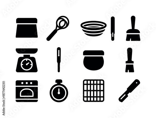 Artisan Bakery Tools. Artisan bakery tools. Solid icon set of artisan bakery tools: bench knife, dough whisk, banneton, peel, scale, thermometer, dough cutter,