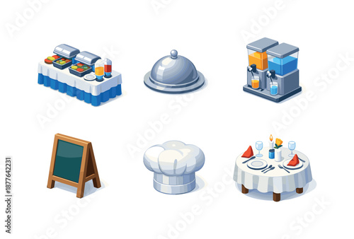 Catering Icon Set. Catering Service. Isometric flat vector icons set of Catering Service: buffet table, covered serving tray, drink dispenser, menu board
