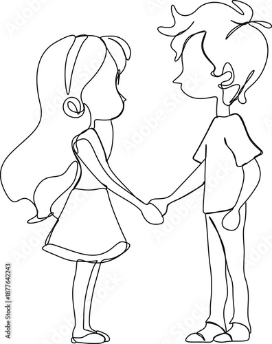 Continuous line art drawing of a Children holding hands