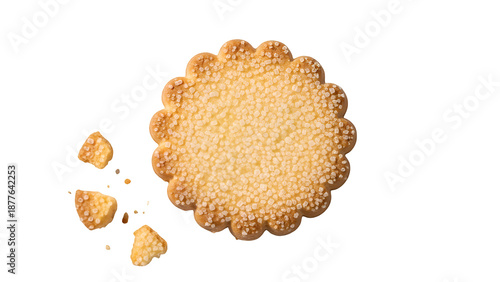 Close-up of a crumbly scalloped cookie pastry isolated on transparent background with broken pieces