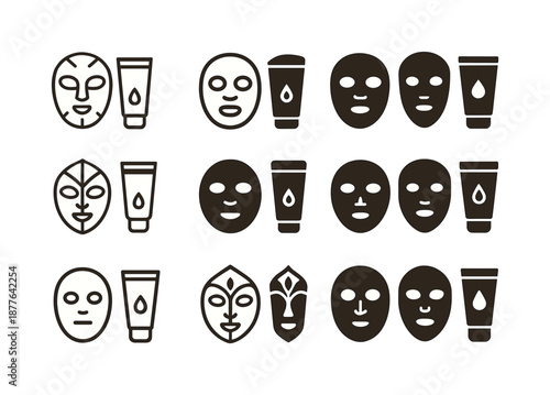 Face Mask Icons. Face mask and lip balm set. Icon set. Set Logo of face mask and lip balm set: glow radiance motif. harmonious logo variations of the same