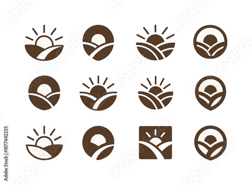 Lush Valley Icons. Lush Valley. Icon set. Set Logo of Lush Valley: sun rising over valley. harmonious logo variations of the same emblematic concept, each with