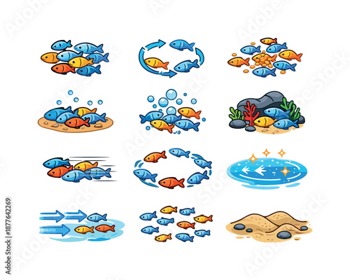 Colorful Fish Behaviors. Fish Behavior. Colorful isometric vector icons set of Fish Behavior: group cohesion icon, turning school, feeding cluster, resting