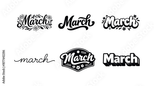March Lettering Variations. March Floral Mood. Set lettering. harmonious lettering variations of the same emblematic concept, each with different artistic