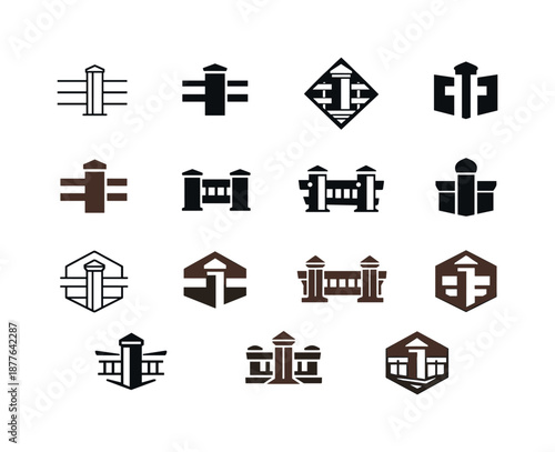 Wooden Deck Icons. A wooden deck. Icon set. Set Logo of a wooden deck: deck railing post icon. harmonious logo variations of the same emblematic concept, each