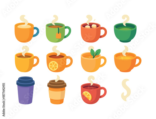 Colorful Drink Icons. Handheld Drinks. Colorful flat vector icons set of Handheld Drinks: latte cup, tea mug, hot cocoa, matcha bowl, cider cup, chai mug, warm