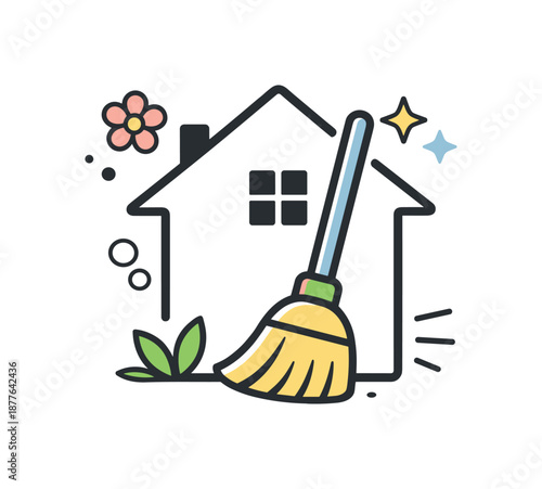 Spring Cleaning Icon. House cleaning spring icon. Minimal house silhouette combined with a broom, symbolizing seasonal home refresh. Friendly editorial icon