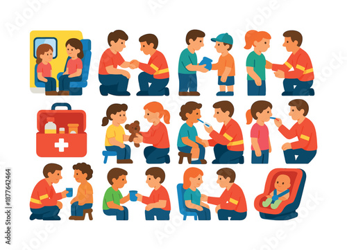 Paramedics Aid Children Icons. Paramedics supporting children. Colorful flat vector icons set of paramedics supporting children: child sitting in ambulance