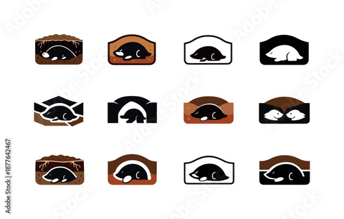 Mole Logo Variations. Mole. Icon set. Set Logo of mole: underground tunnel cross-section. harmonious logo variations of the same emblematic concept, each with