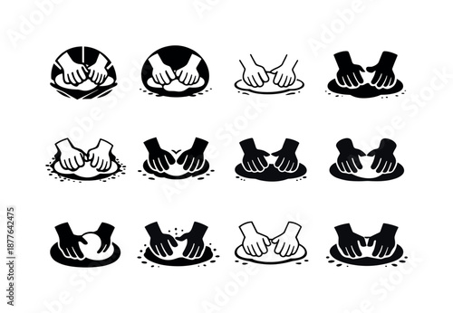 Baker's Hands Logo Variations. A baker kneading dough by hand on a flour-covered surface. Icon set. Set Logo of a baker kneading dough by hand on a
