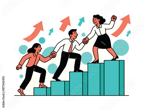 Climbing Business Success. Business Growth. Confident team climbing abstract bars, upward arrows floating, shared focus and momentum toward success. Modern