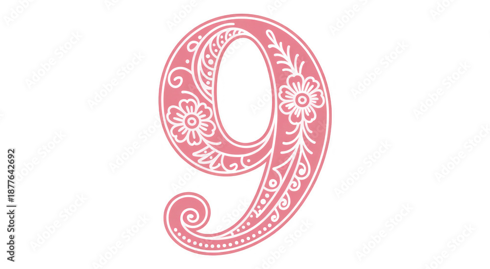 Fototapeta premium Pink floral number nine decoration ornate isolated on a transparent background