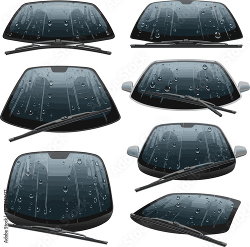 Create a kinds of deferent realistic Car windshield with rain drops and frameless wiper blade closeup. 3d render vector art with white background..