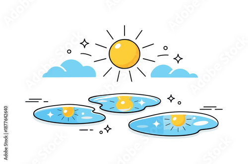 Sunny Puddle Reflections. Puddles after rain with sunshine. Simple puddles reflecting a bright sun and soft rays, symbolizing clarity, freshness, and new