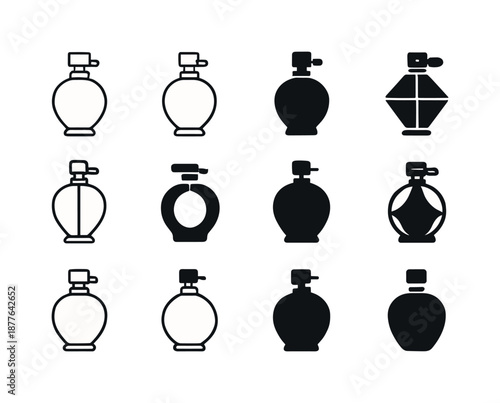 Perfume Bottle Icons. Perfume bottle. Icon set. Set Logo of Perfume bottle: elegant glass flacon. harmonious logo variations of the same emblematic concept,