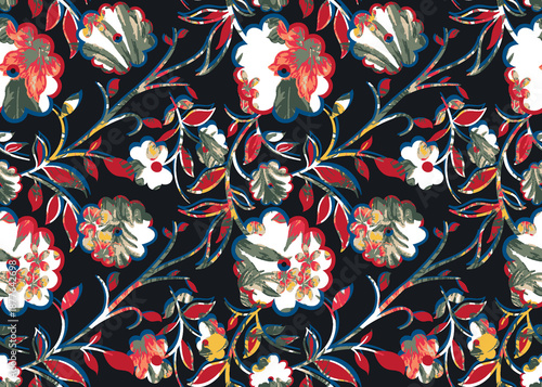 Seamless floral pattern with hand-painted artistic flowers on dark navy background