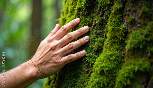 Human Hand Gently Touching Lush Green Moss Growing on a Tree Trunk in a Forest with Soft Natural Light