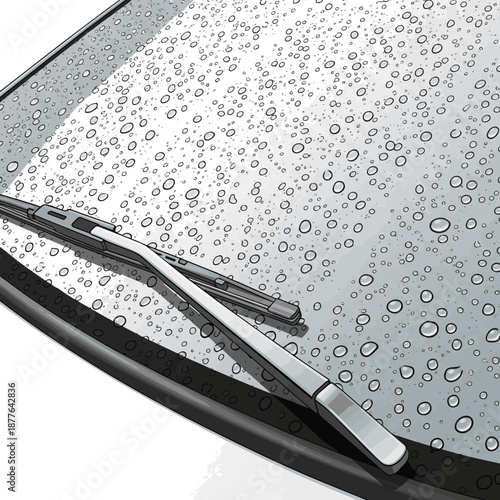 Create a realistic Car windshield with rain drops and frameless wiper blade closeup. 3d render vector art with white background.