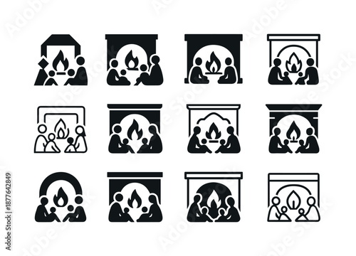 Fireplace Enjoyment Icons. People enjoying a warm fire in the fireplace. Icon set. Set Logo of people enjoying a warm fire in the fireplace: family