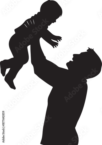 Silhouette of a man holding up a happy baby