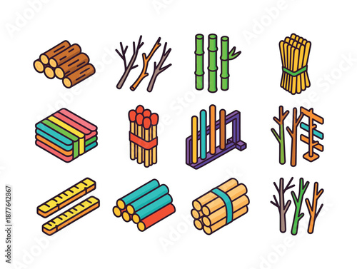Colorful Stick Icons. Stick collections. Colorful isometric vector icons set of stick collections: stick pile, assorted twigs, bamboo sticks, bundled skewers,